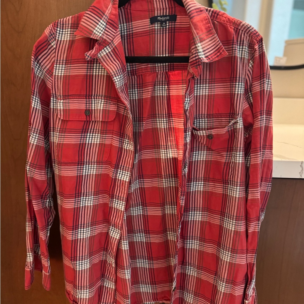 Madewell Red and White 3/4 Sleeve Button Down Shirt